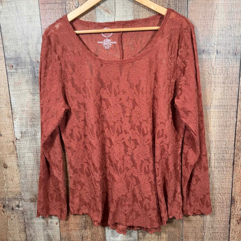 Maurices Lace Top XL Terra Cotta Sheer Long Sleeve Stretch Layering 24/7 Burnut